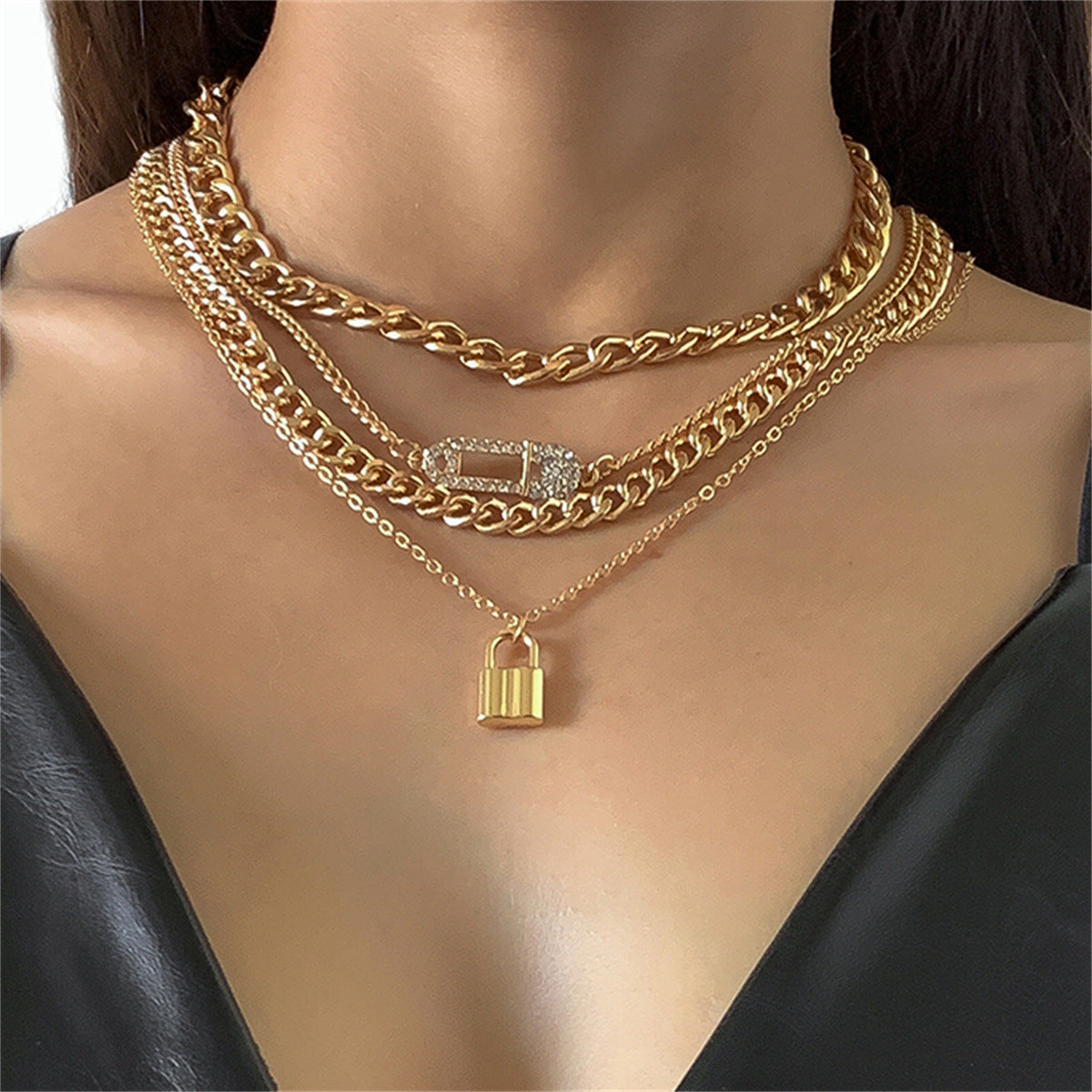 Punk Geometric Letter Number Rhinestone Inlay Alloy Plated Snake Chain Choker Necklace Set