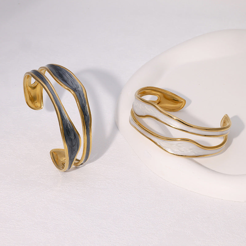 Minimalist Irregular Enamel Gold-Plated Stainless Steel Cuff Bracelet for Women