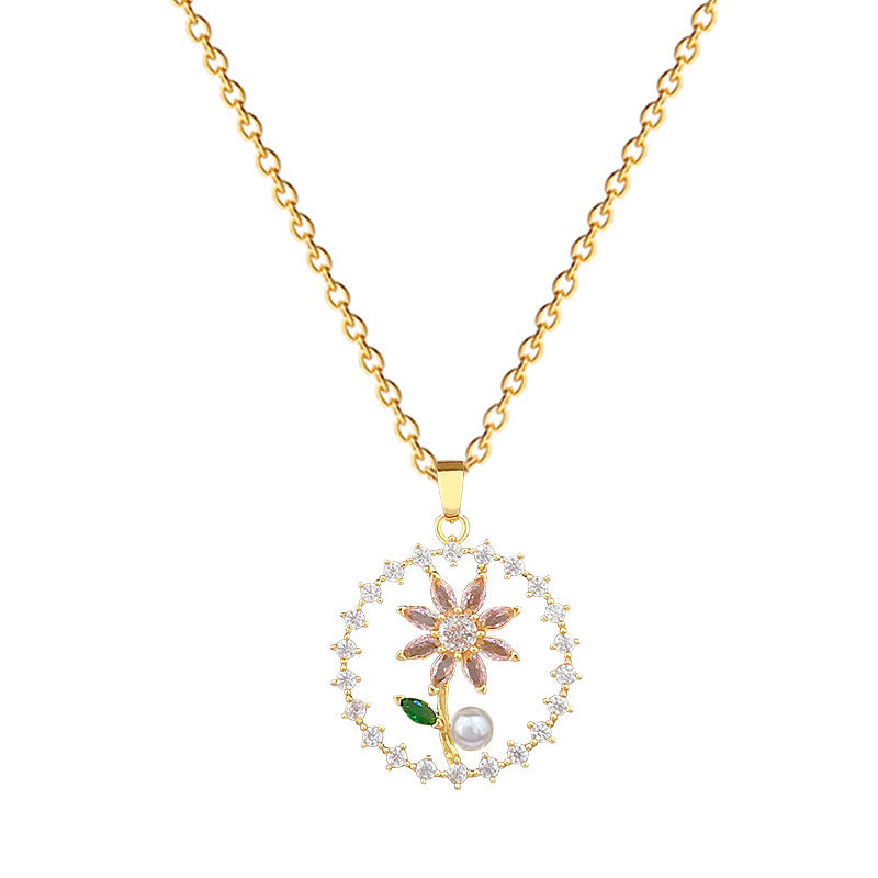Sweet Round Floral Pearl Rhinestone Necklace Titanium Steel Cable Chain for Unisex