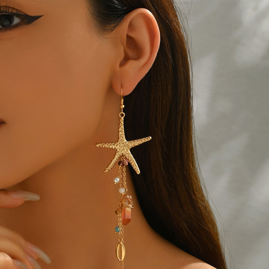 Pendientes largos de aleación de zinc con forma de estrella, elegantes, con incrustaciones de diamantes de imitación y detalles de concha para mujer