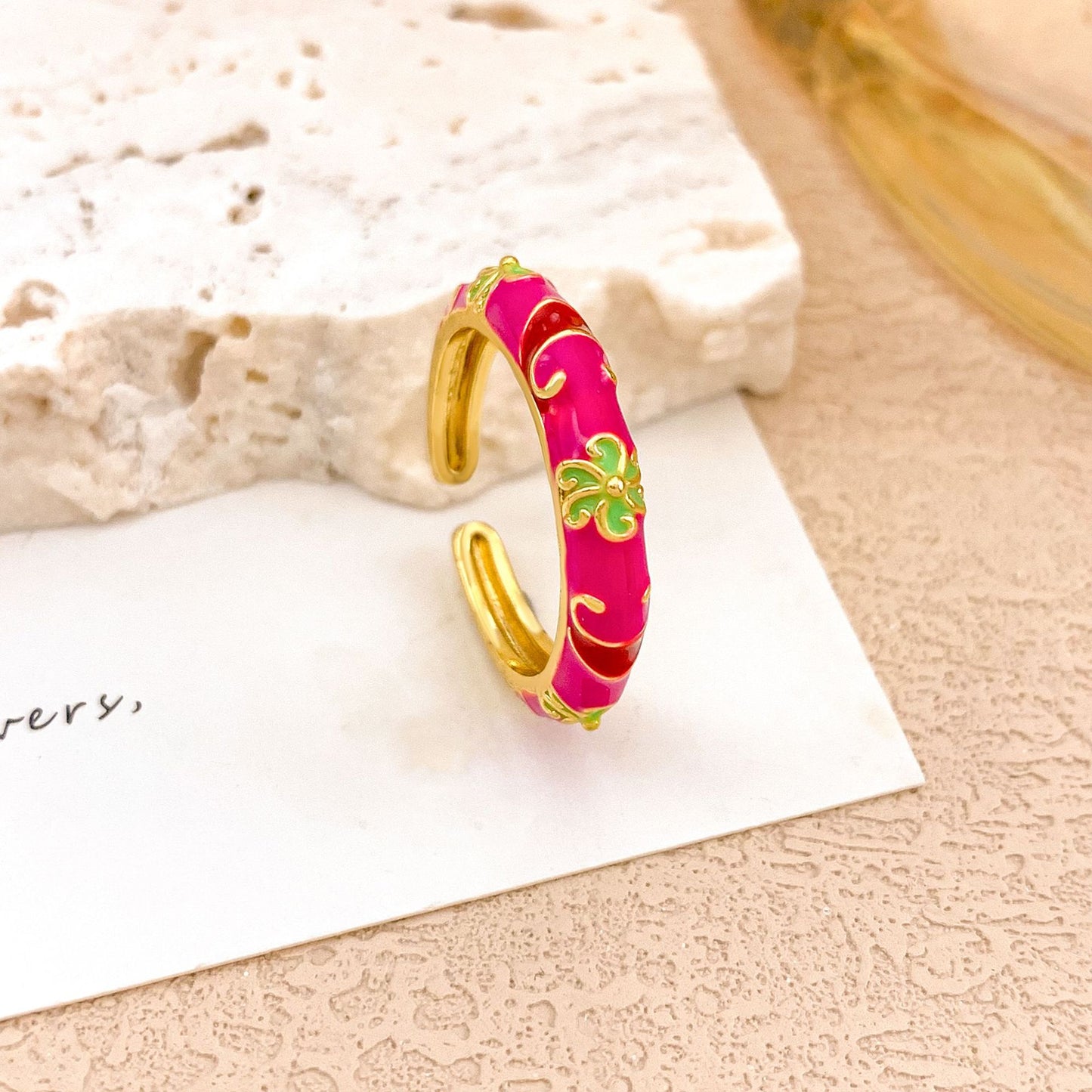 Anello da donna in lega smaltata floreale elegante di lusso
