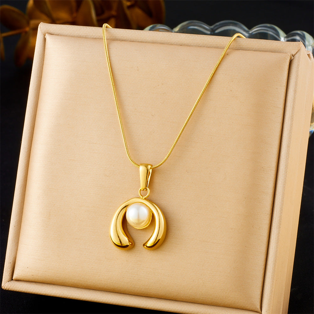 Vintage Gold Plated Heart Teardrop Stainless Steel Necklace and Earring Set with Turquoise and Pearl on Snake Chain for Women