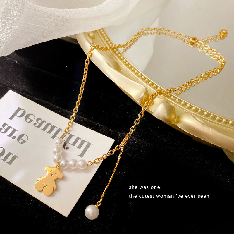 Hip-hop Gold Plated Titanium Steel Bear Pearl Necklace