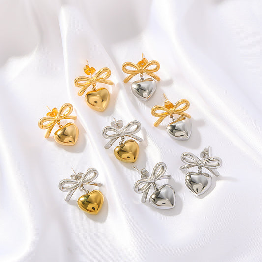 Minimalist Stainless Steel Heart and Bow Pendant Earrings with Electroplating Finish for Women