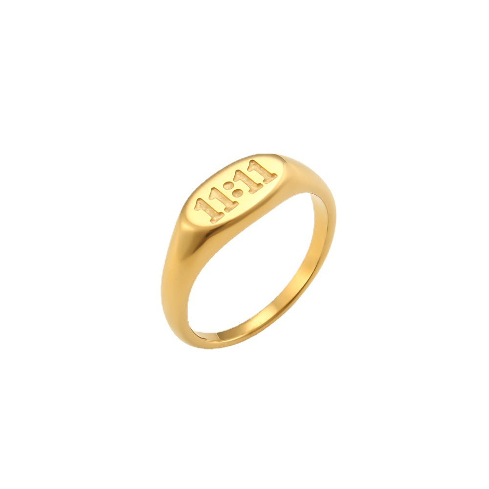 Anillo ovalado de acero inoxidable chapado en oro de 18 quilates minimalista para mujer con diseño numérico 11:11