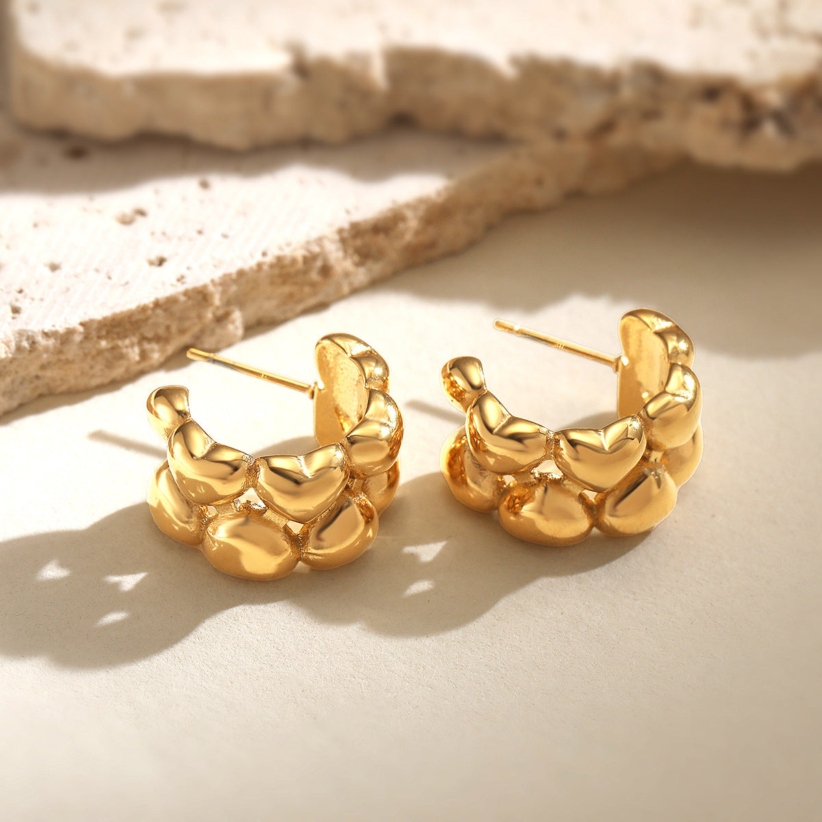 Minimalist Heart-Shaped Gold-Plated Stainless Steel Earrings for Women with C-Shape Design