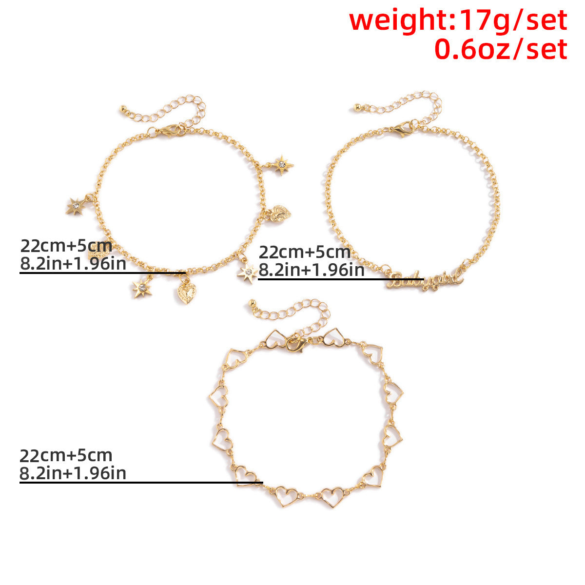 Minimalist Alloy Rhinestone Heart Geometric Anklet Set for Women
