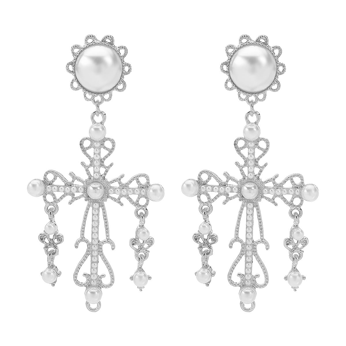 Pendientes de aleación con forma de cruz, estilo vintage barroco, con incrustaciones de perlas simuladas y acabado chapado para mujer