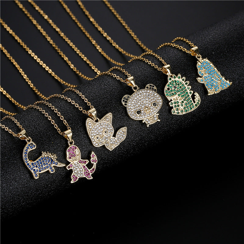Sweet Geometric Dinosaur 18K Gold Plated Brass Cubic Zirconia Pendant Necklace for Women