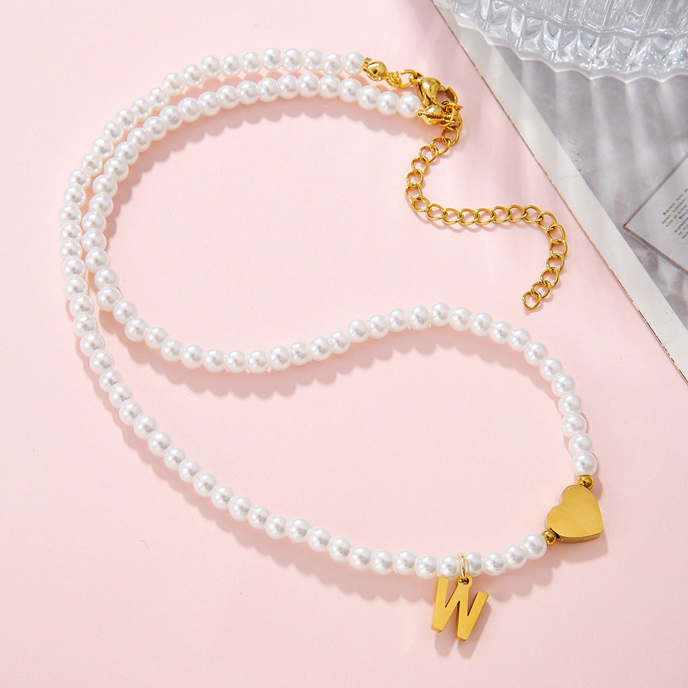 Minimalist Letter Heart Stainless Steel Pearl Necklace Women Cable Chain