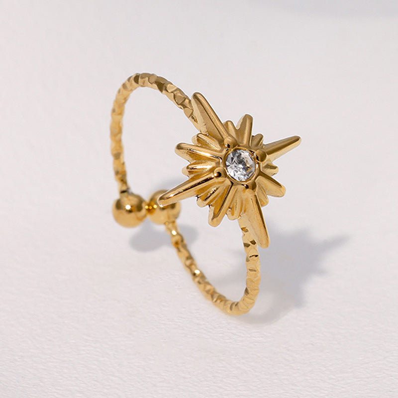 Anello aperto minimalista da donna a forma di stella in acciaio inossidabile con intarsio di strass