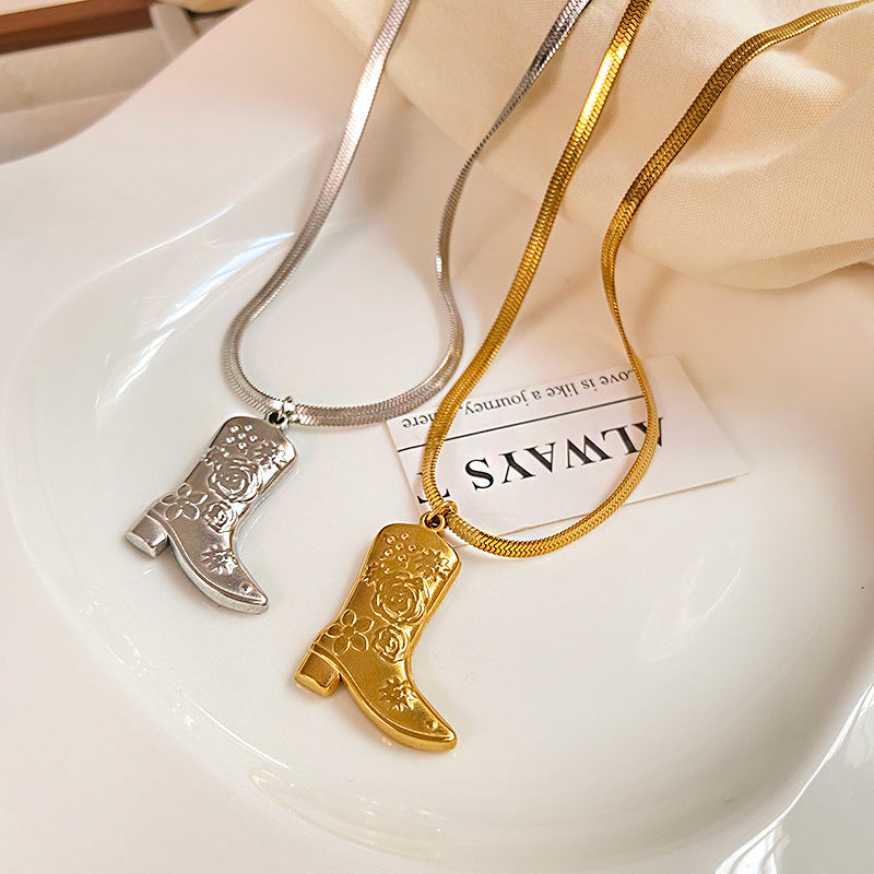 Vintage Titanium Steel Boot Pendant Snake Chain Necklace