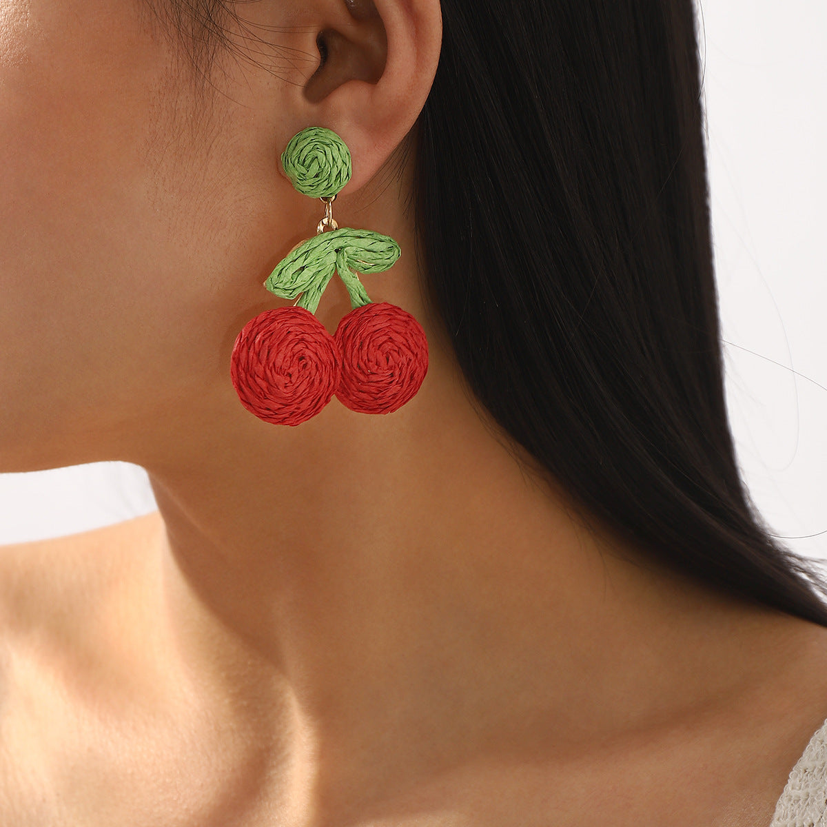 Pendientes de Aleación con Forma de Cereza y Fresa con Tejido de Rafia para Mujer, Pendientes de Fruta de Estilo Fresco y Dulce