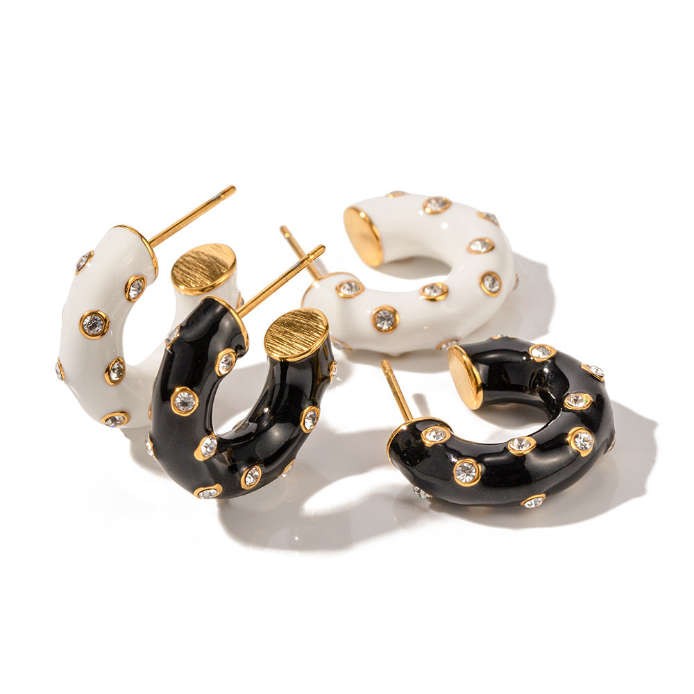 Fashionable Ins Style 18K Plated Stainless Steel Black Enamel Rhinestone C-Shape Geometric Hoop Earrings for Women