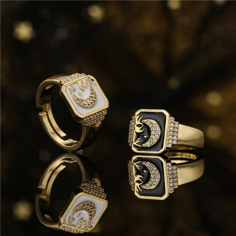18K Gold Plated Brass Drip Oil Star Moon Geometric Ring for Women