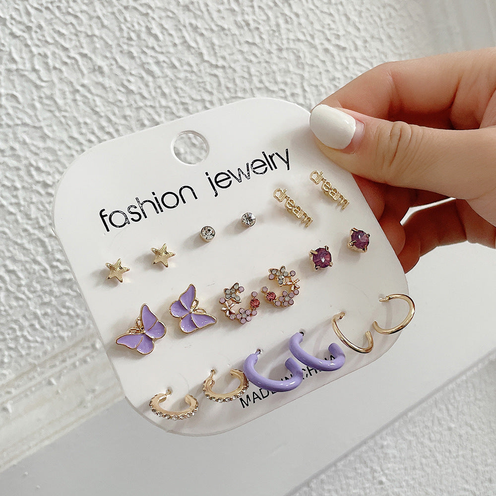 Sweet Geometric Butterfly Alloy Earrings with Rhinestone Inlay and Drip Oil Finish