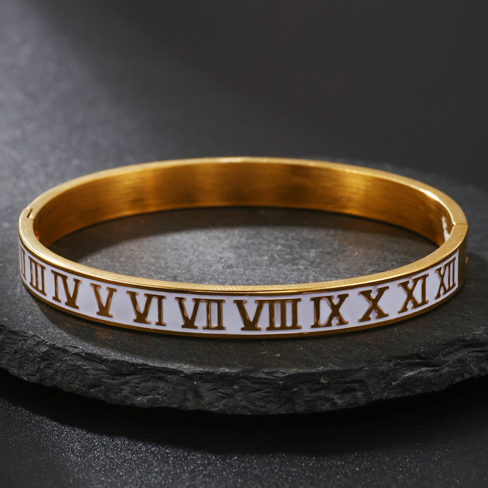 Fashion Unisex Round Roman Number Drip Oil Titanium Steel Bracelet