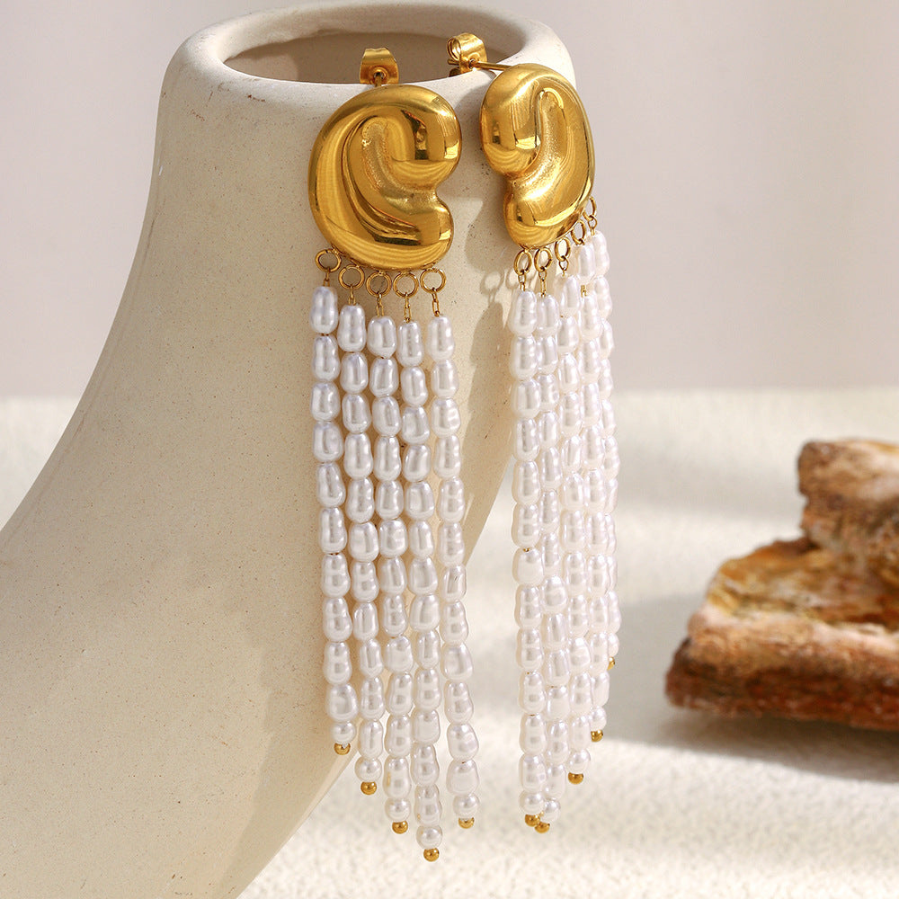Minimalist Geometric Stainless Steel Earrings with 18K Gold Plating and Simulated Pearl Accents for Women
