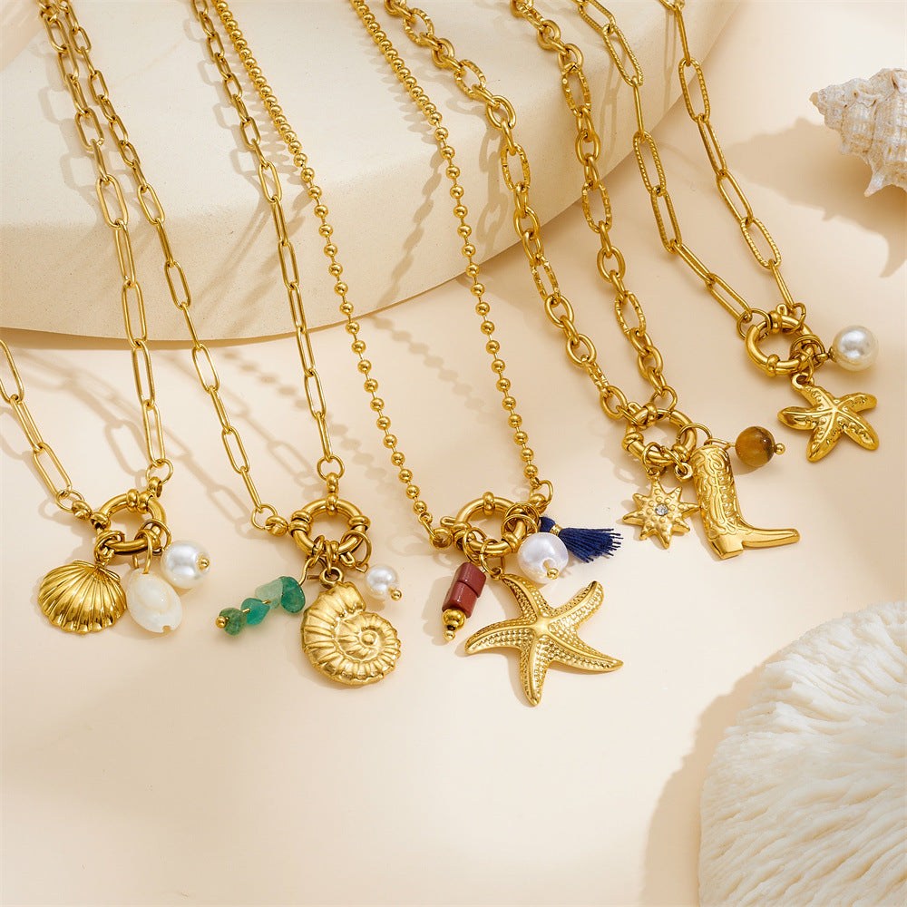 Chic Gold Plated Drip Oil Stainless Steel Starfish Butterfly Necklace