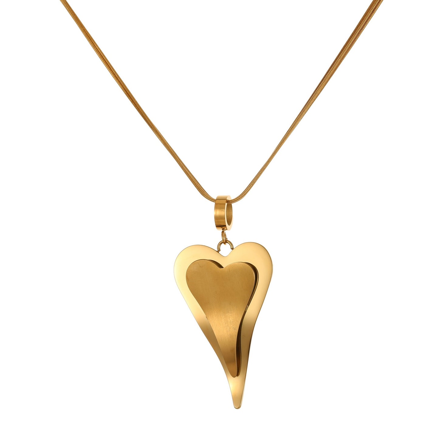 Collar de cadena de serpiente de doble corazón de moda en acero inoxidable con acabado chapado para mujer