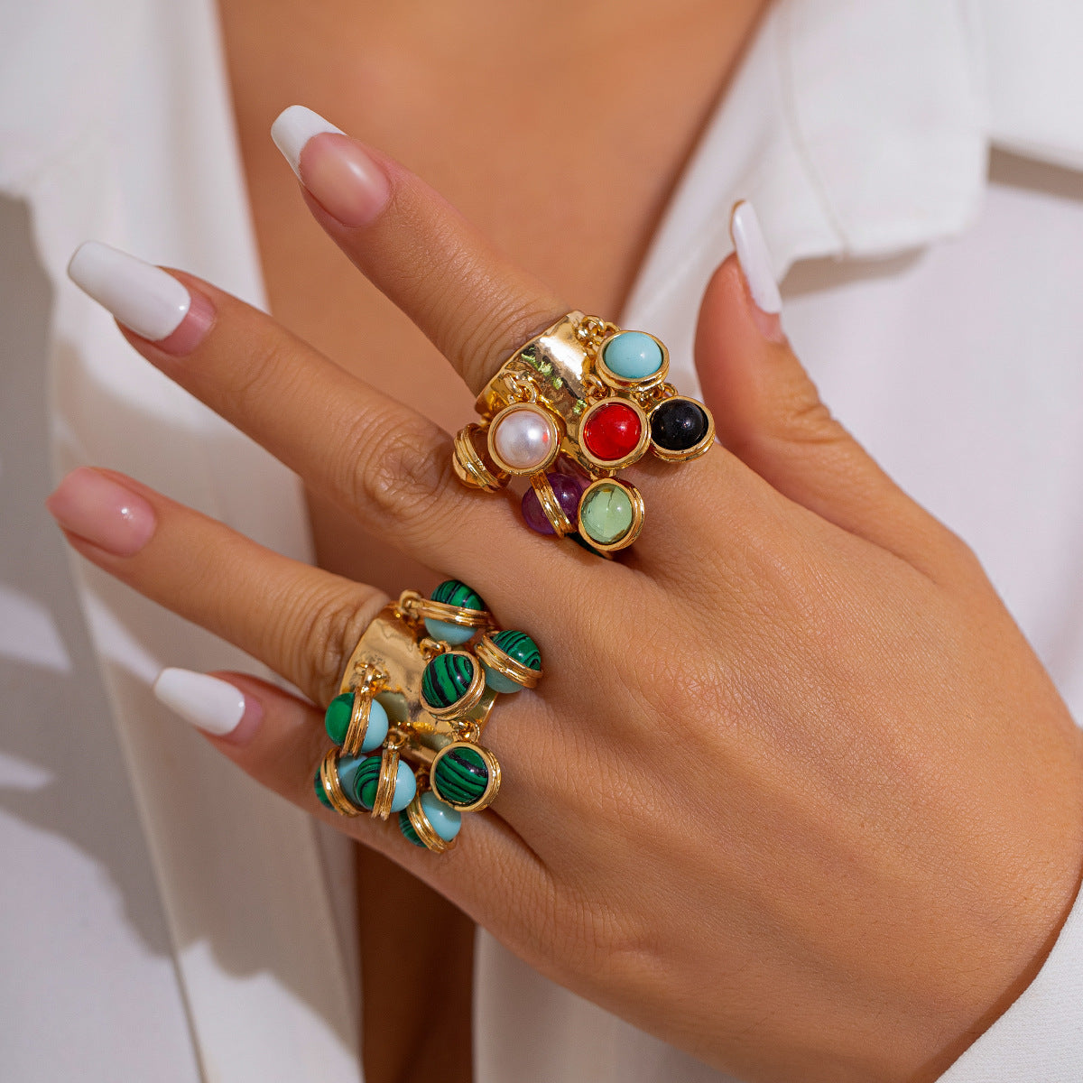 Vintage Palace Style Geometric Round Malachite Inlay Alloy Plated Open Ring for Women