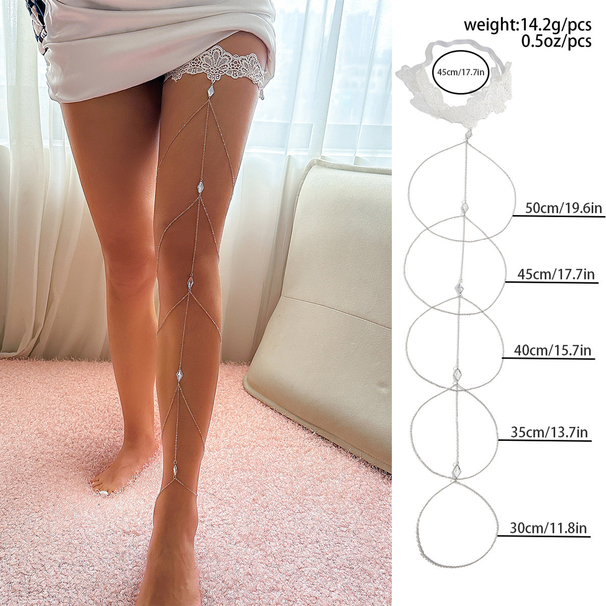 Cavigliera Minimalista Floreale con Struttura in Lega e Intarsi di Gemme Artificiali, Catena per Caviglia Elastica Multistrato con Rifinitura in Pizzo e Dettaglio Nappa
