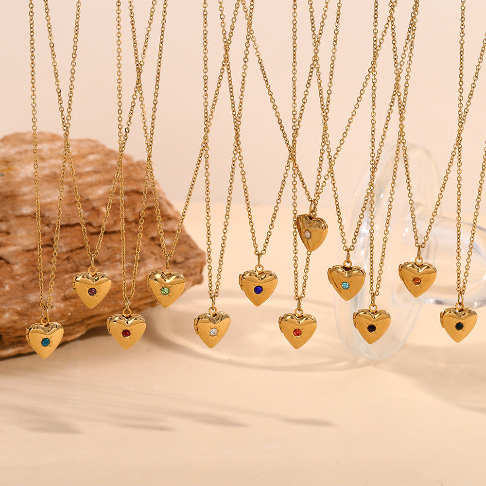 Minimalist Heart Locket Necklace with December Birthstone, Stainless Steel & Titanium Steel, 18K Gold Plated