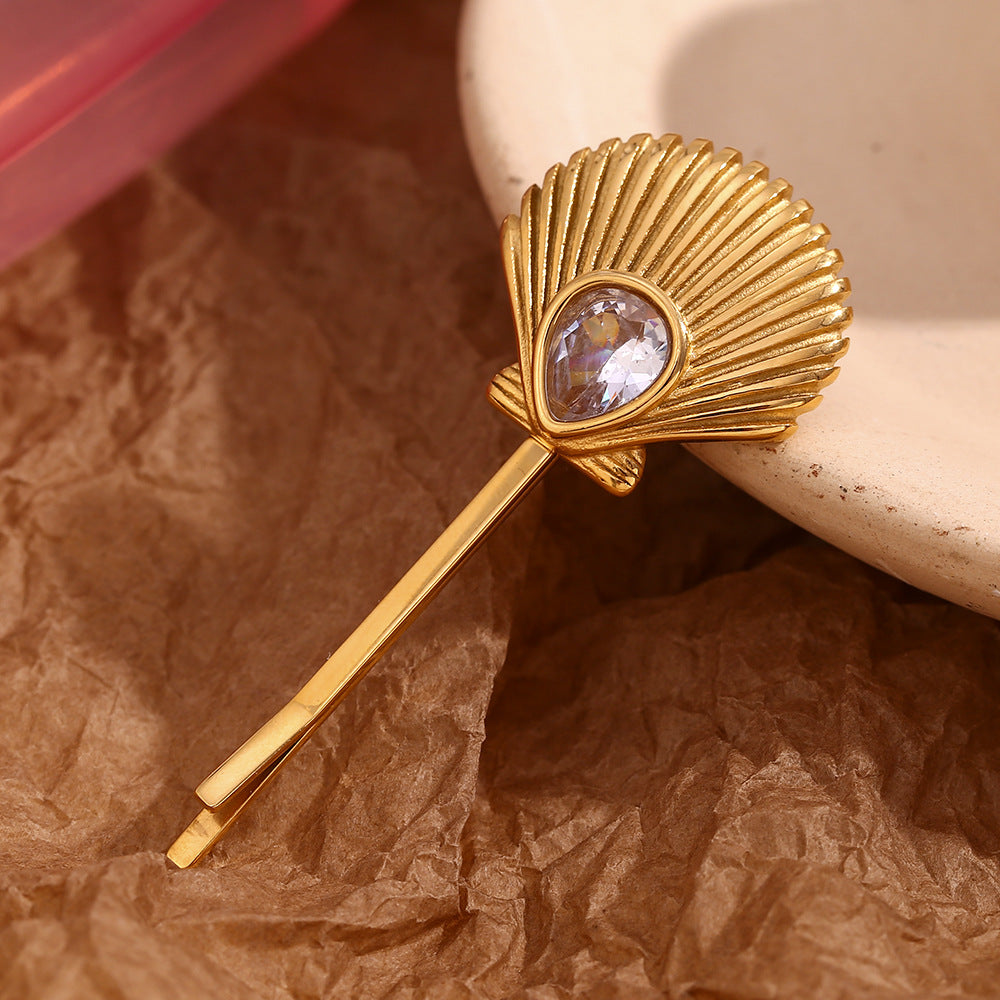 Fermaglio per capelli da donna stile vintage a forma di conchiglia in acciaio inossidabile con placcatura in oro 18K e intarsio di zirconi