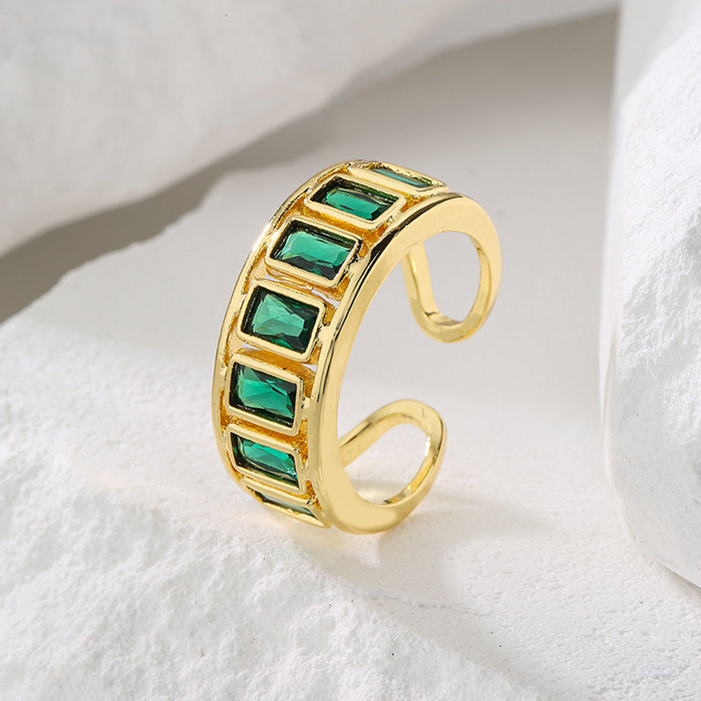 Anello Aperto Geometrico da Donna in Rame con Placcatura in Oro 18K e Intarsio di Zirconi Verdi