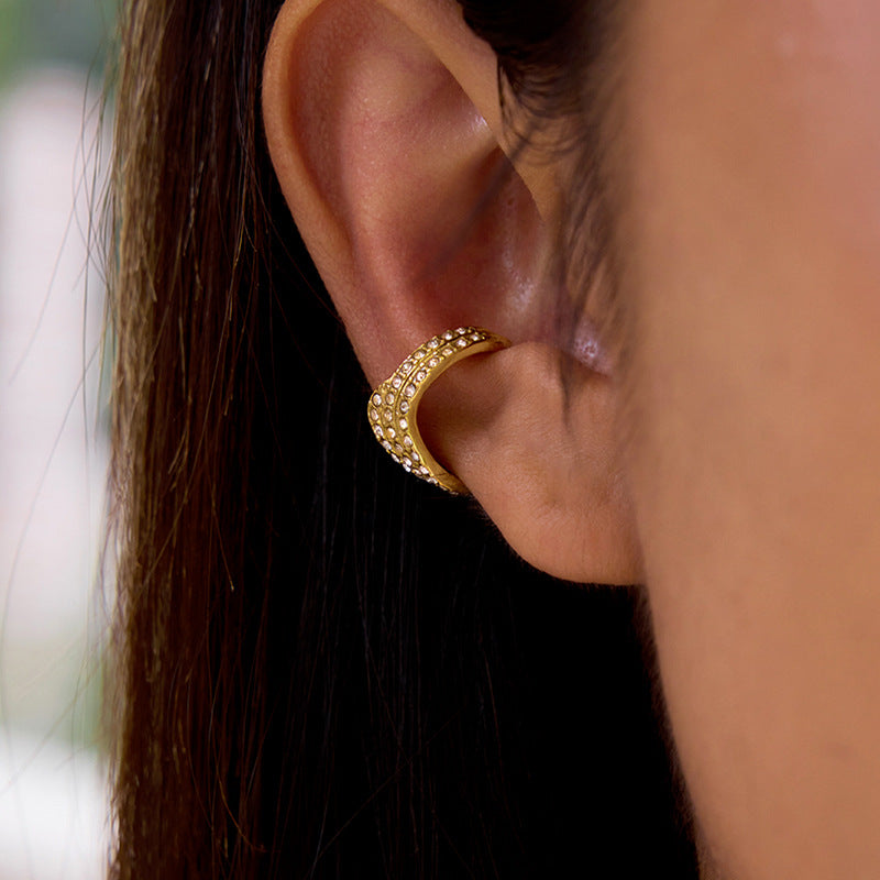 Orecchini a Clip da Donna in Acciaio Inossidabile a Onda Geometrica con Strass, Finitura Placcata, Orecchini Minimalisti di Lusso