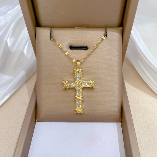 Luxury Titanium Steel Cross Rhinestone Collar Necklace for Unisex