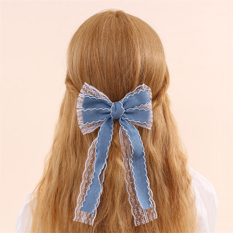Dolce fermaglio per capelli a forma di fiocco con nastro blu e tessuto in tulle per bambine, fermaglio a molla in stile principessa
