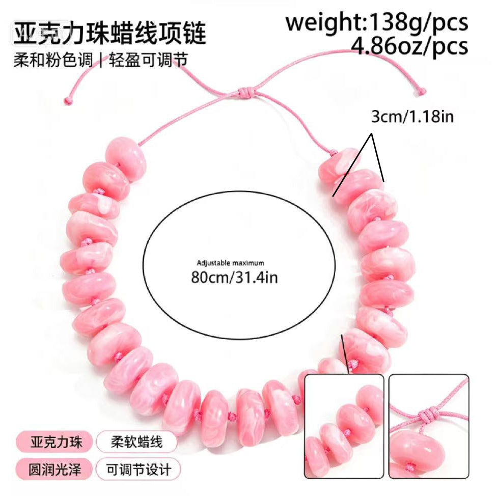 Bohemian Geometric Gradient Acrylic Beaded Necklace Adjustable Wax Cord Women's Jewelry