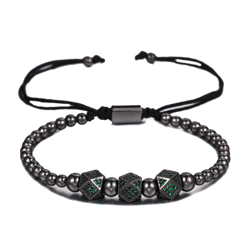 Unique Geometric Handmade Brass Bracelet with Cubic Zirconia and Adjustable Beads