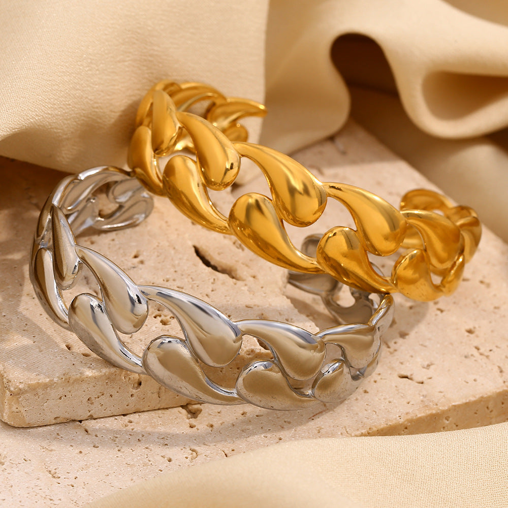 Bracciale rigido da donna alla moda minimalista geometrico in acciaio inossidabile placcato oro 18 carati liscio a goccia vuota