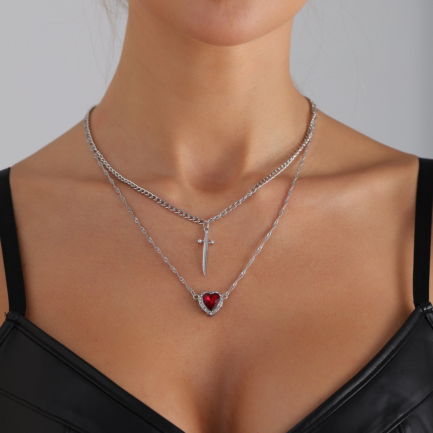 Dark Gothic Heart Geometric Alloy Plated Pendant Necklace for Women