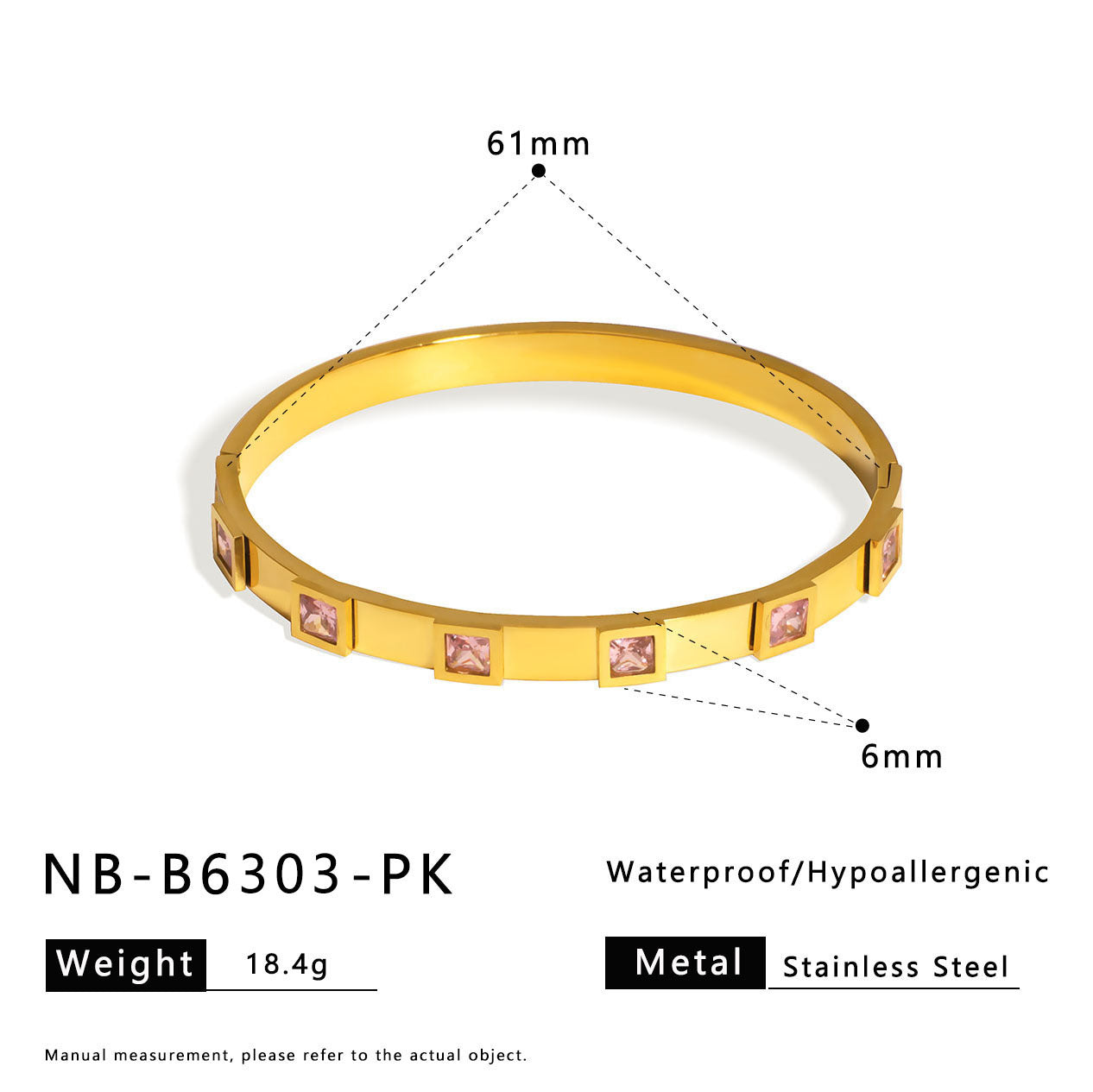 Minimalist Geometric Square-Cut Rhinestone Titanium Steel Bracelet for Women with Polished Gold Plating