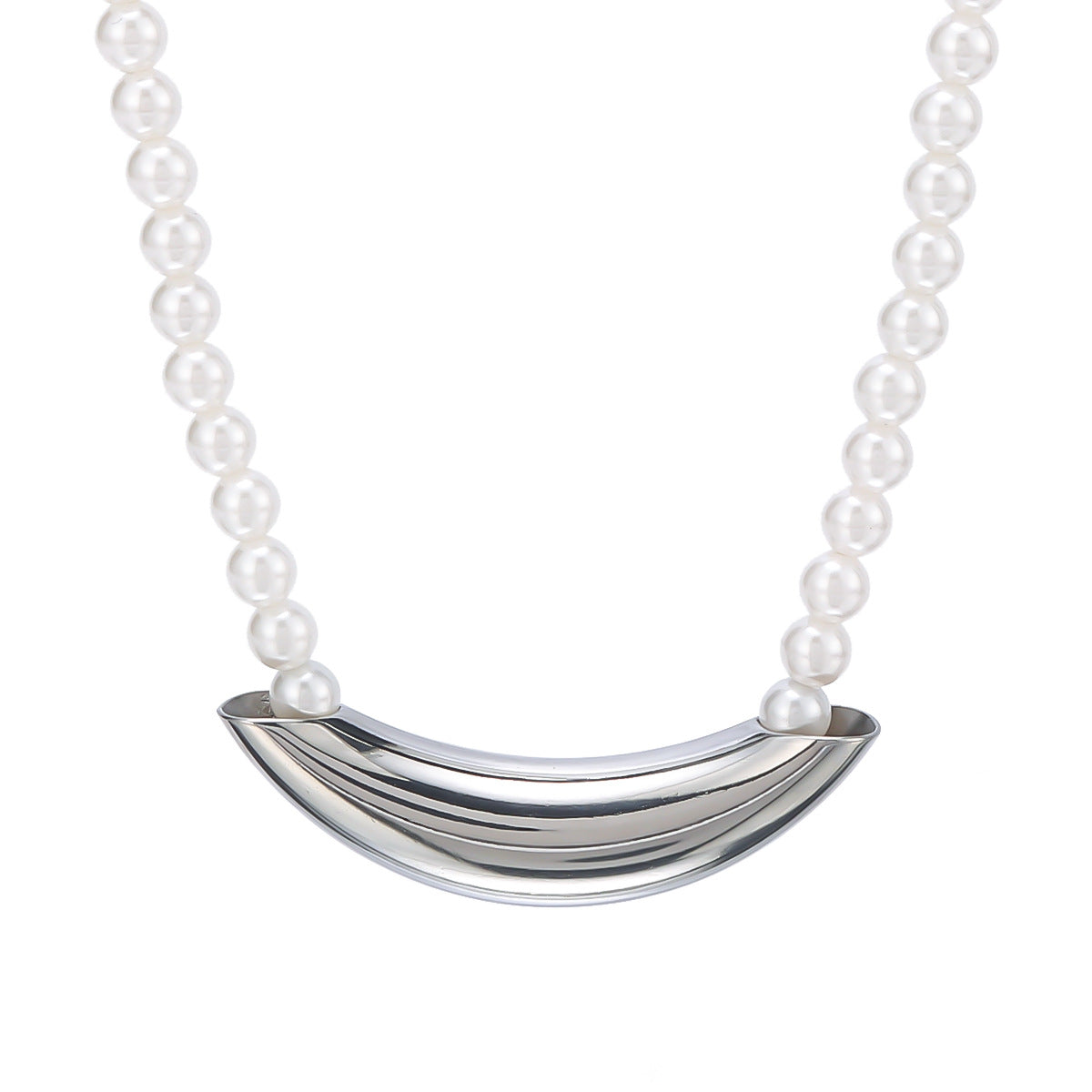 Minimalist Stainless Steel Arc Tube Pearl Necklace for Women with Vacuum Plated 18K Gold Finish and Glass Bead Accents
