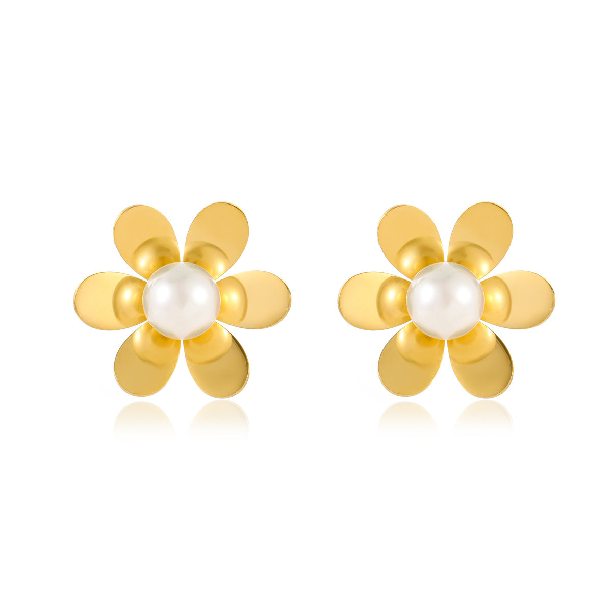 Minimalist Luxe Floral Pearl-Embellished Stainless Steel Earrings with Plated Finish for Women