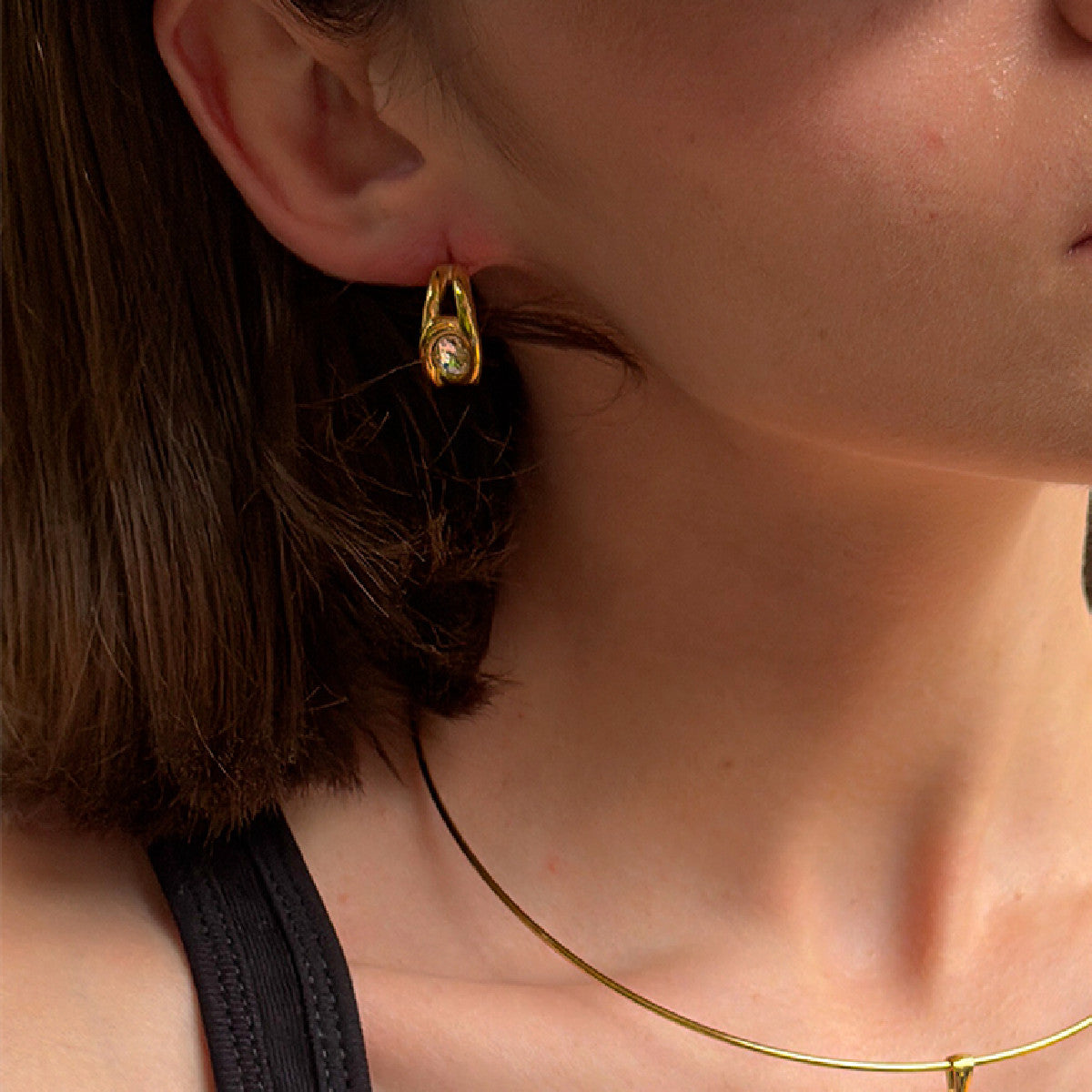 Elegant Geometric 18K Gold Plated Stainless Steel Rhinestone C-Shaped Earrings for Women