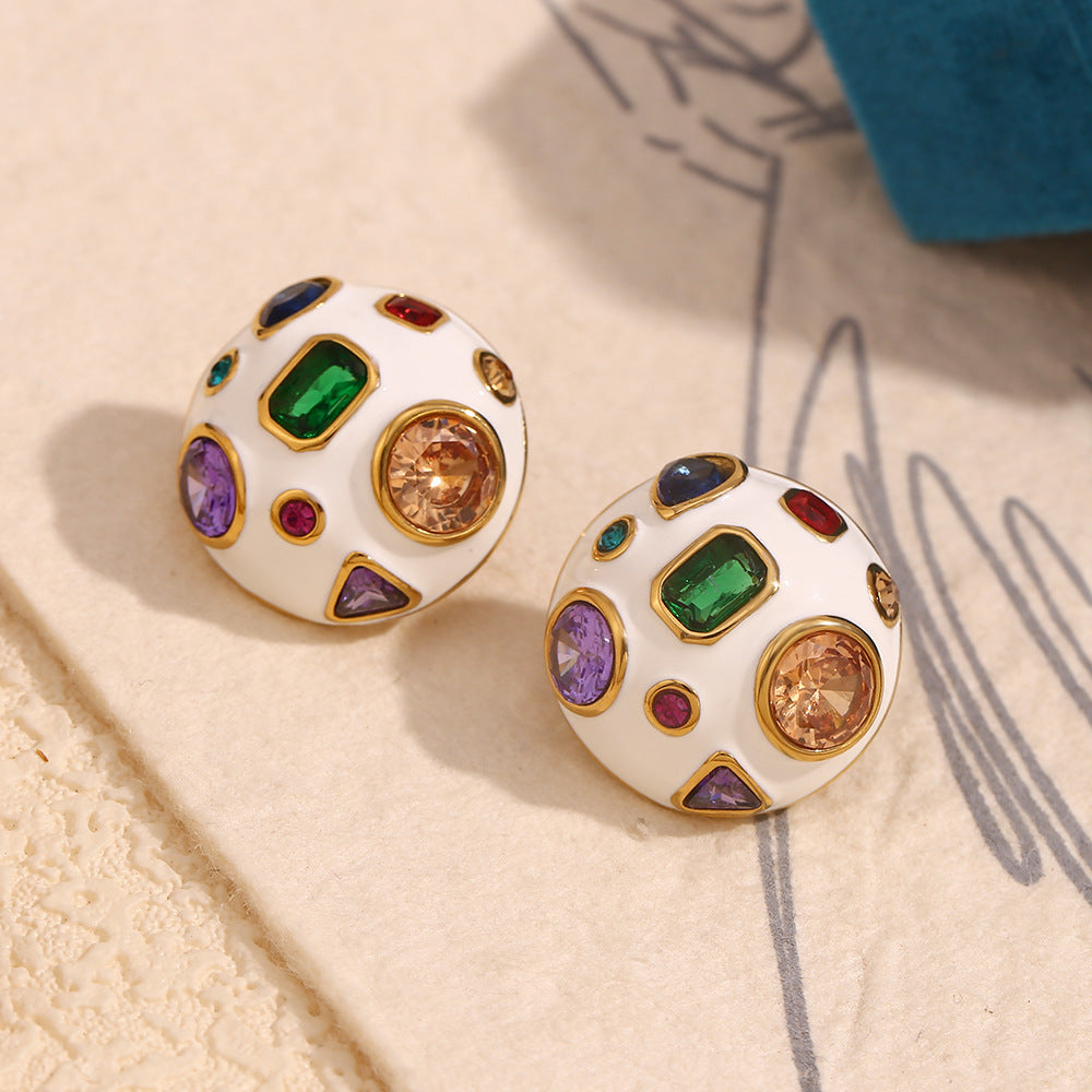 Minimalist Geometric Stainless Steel Earrings with 18K Gold Plating and White Enamel Finish for Women