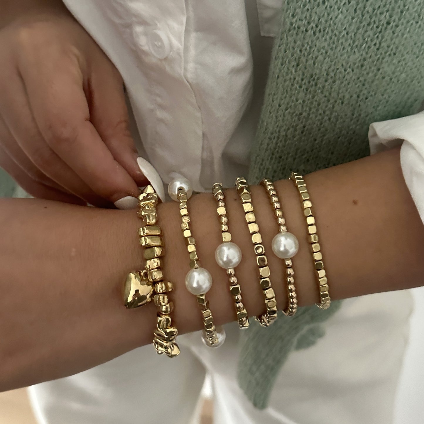 Sweet Streetwear Heart Geometric Acrylic Plated Bracelet with Pearl Inlay