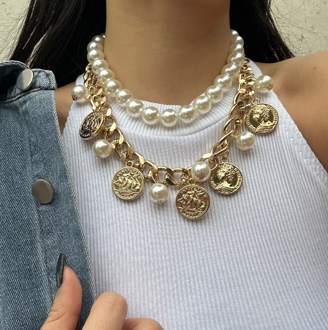 Vintage Elegant Geometric Alloy Plated Portrait Queen Relief Tassel Double Layer Pearl Necklace for Women