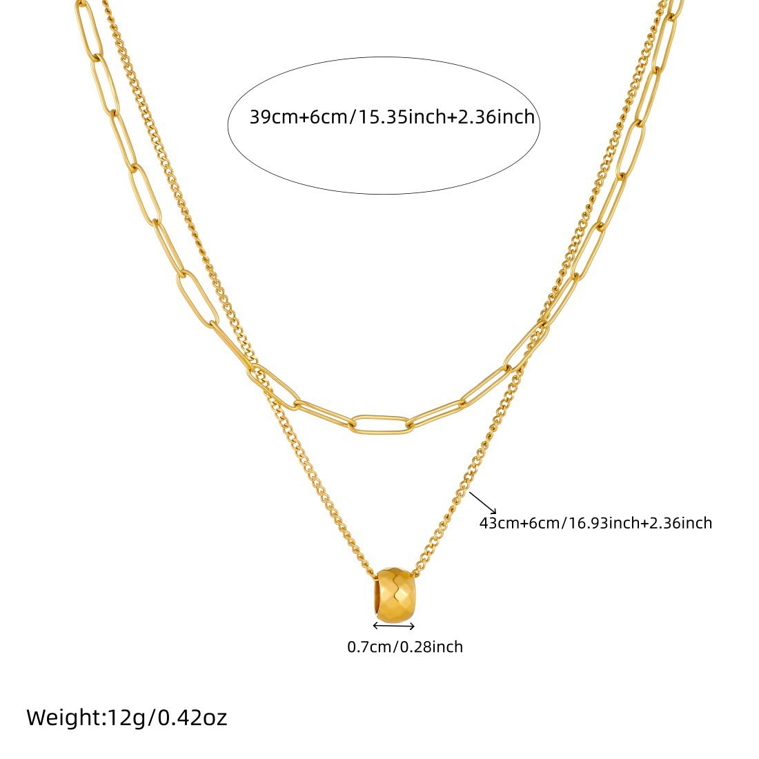 Minimalist Gold Plated Geometric Round Stainless Steel Pendant Necklace Double Layer Curb Chain