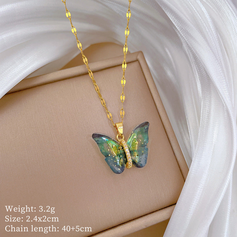 Butterfly-Shaped Titanium Steel Necklace with Rhinestone Inlay for Women, Delicate Clavicle Chain in Minimalist and Sweet Style