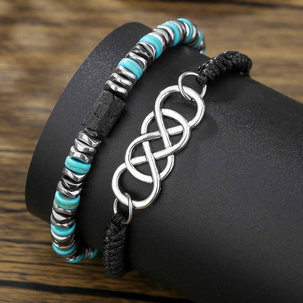 Geometric Round Alloy Turquoise Inlay Stretch Woven Bracelet Set