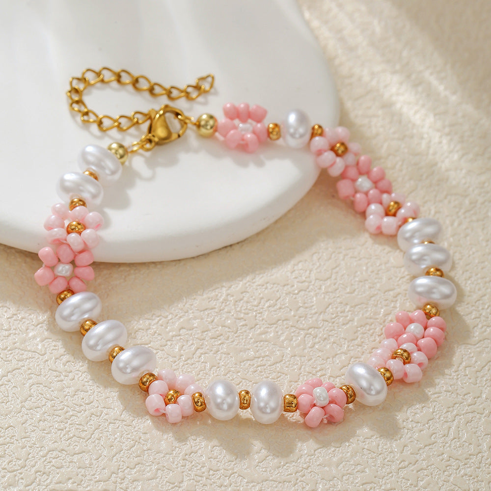 Vintage Handmade Geometric Floral Glass Bead and Pearl Bracelet for Women