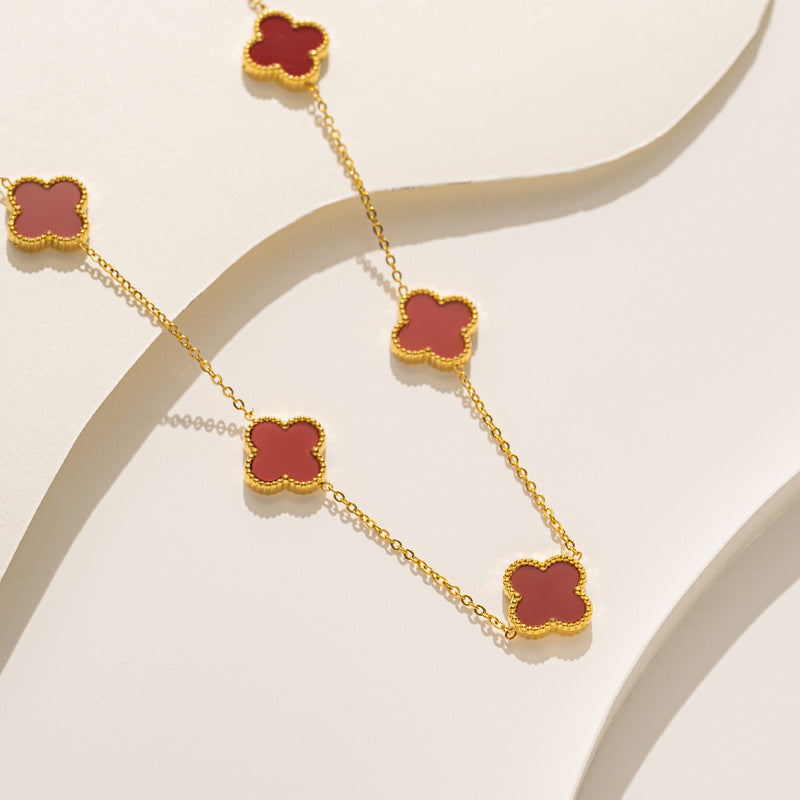 Luxury 18K Gold Plated Titanium Steel Four-Leaf Clover Double-Sided Shell Necklace for Women