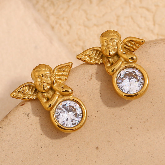 Orecchini a perno da donna alla moda vintage geometrici in acciaio inossidabile placcati oro 18 carati con angelo in zircone