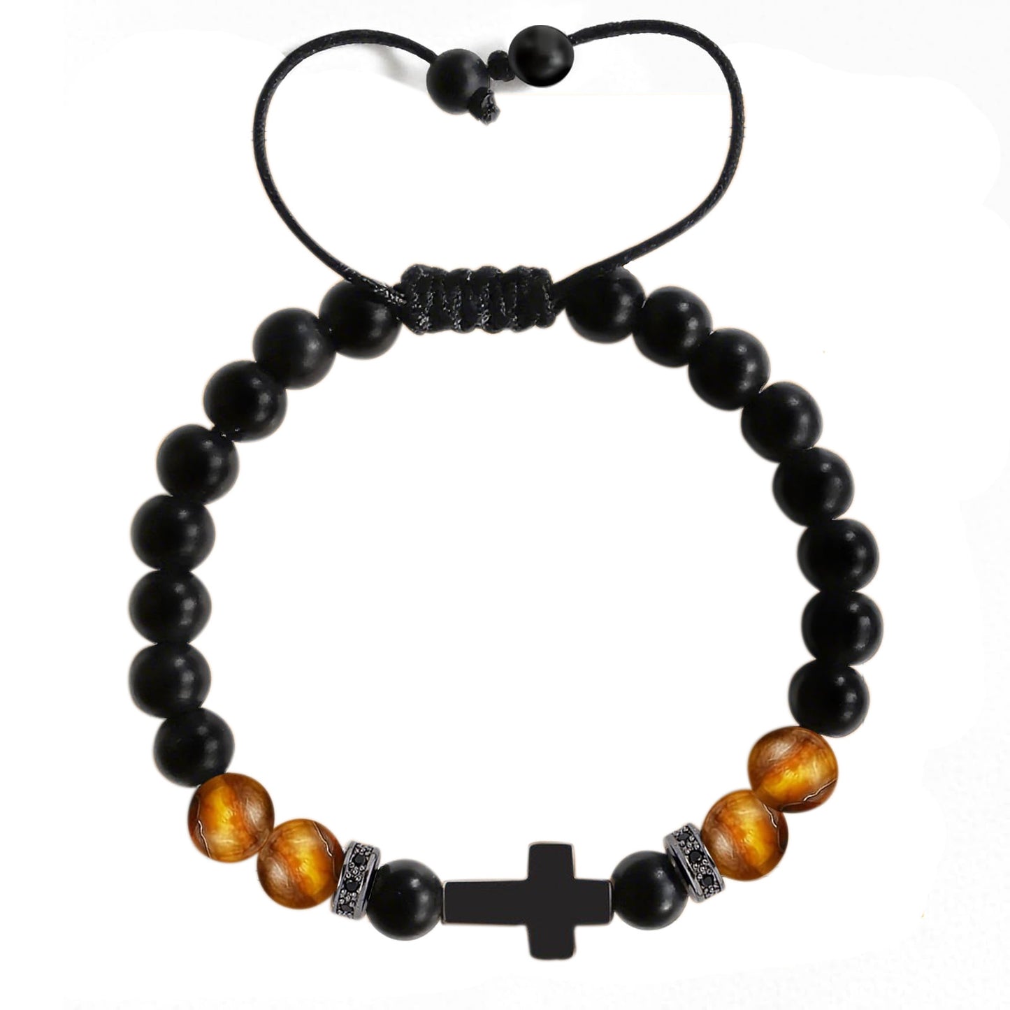 Matte Black Tiger's Eye Cross Bracelet Unisex Adjustable Woven Handmade Gift
